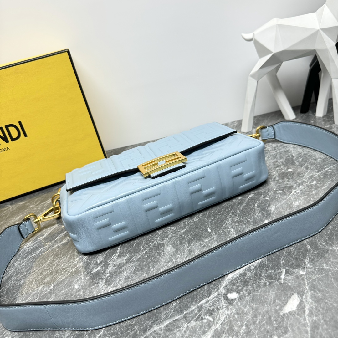 Fendi Medium Baguette Nappa Leather with FF Motif Shoulder Bag Light Blue